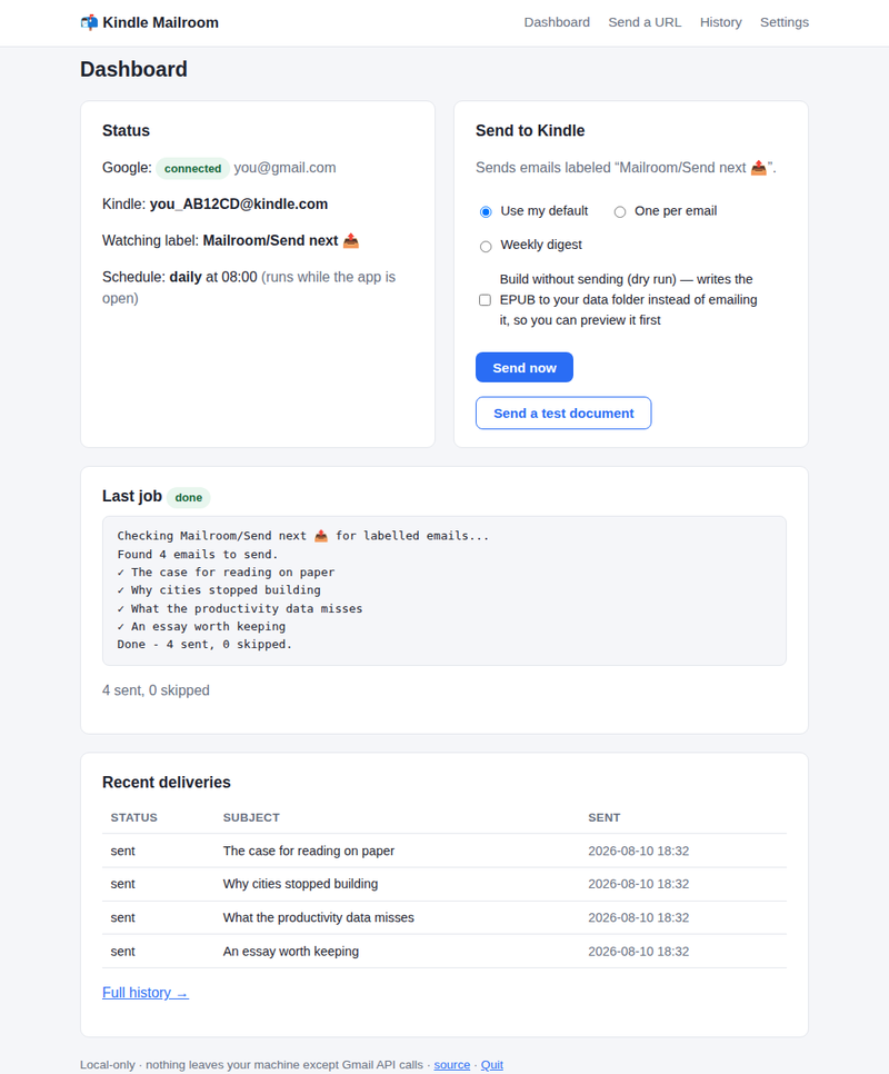 Kindle Mailroom dashboard in a web browser